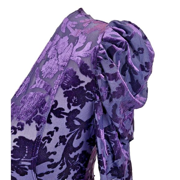 NEW Free People X-Small Purple Velvet Bodysuit V-Neck Deep Sea Combo Puff Sleeve - Picture 7 of 12